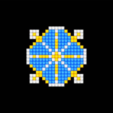 Realistic Cross-Stitch Embroideried Ornate Element. Ethnic Motif, Handmade Stylization. Traditional Ukrainian Yellow and Blue Embroidery. Ethnic Single Design Element. Vector 3d Illustration