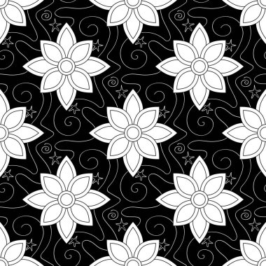 Seamless Aesthetic Pattern with Mystical Cosmic Flowers. Fantasy Black Background. Futuristic Abstract Concept. Vector Contour Illustration. Coloring Book Page