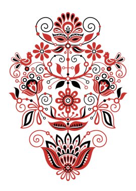 The Tree of Life Inspired by Ukrainian Traditional Embroidery. Ethnic Floral Motif, Handmade Craft Art. Traditional Ukrainian Red and Black Embroidery. Single Design Element. Vector Illustration