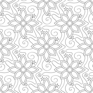 Seamless Aesthetic Pattern with Mystical Cosmic Flowers. Textured Fantasy Background. Futuristic Abstract Concept. Vector Contour Illustration. Coloring Book Page