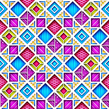Kusursuz Renkli Geometrik Desen, Çılgın Patchwork Yorgan Süslemesi. Sonsuz Modern Mozaik dokusu. Kumaş tekstil, ambalaj kağıdı, duvar kağıdı. Vektör 3d İllüstrasyon. Soyut Sanat