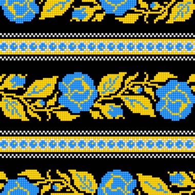 Realistic Cross-Stitch Embroideried Seamless Pattern with Roses. Ethnic Floral Motif, Handmade Stylization. Traditional Ukrainian Yellow and Blue Embroidery. Ethnic Design Element. Vector 3d Illustration