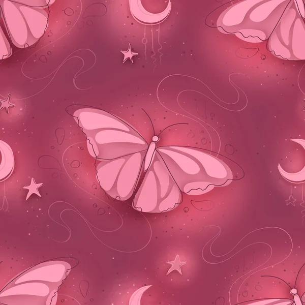 Seamless Pattern Delicate Dreamy Butterfly Textured Background Hand Drawn Style — Stockvektor