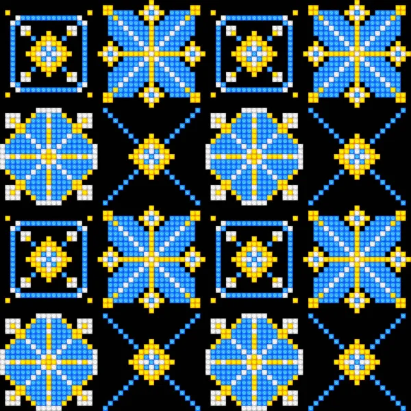 オレンジ色の要素を持つクロスステッチ刺繍シームレスパターン 民族モチーフ 手作りスタイル 伝統的なウクライナの黄色と青の刺繍 民族デザインの要素 ベクトル3Dイラスト — ストックベクタ