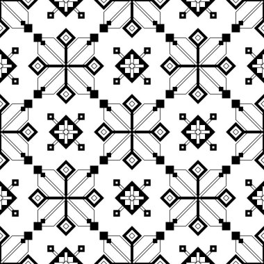 Seamless Pattern with Ornamental Composition Inspired by Ukrainian Traditional Embroidery. Ethnic Motif, Handmade Craft Art. Ethnic Design Element. Coloring Book Page. Vector Contour Illustration