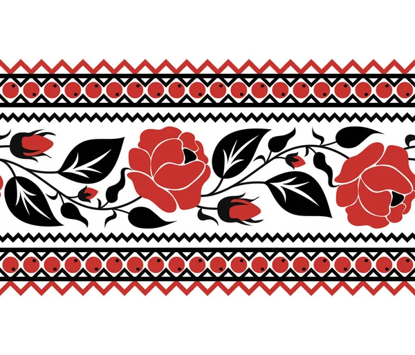 レッドローズとシームレスな境界は ウクライナの伝統的な刺繍に触発 エスニック フローラル モチーフ ハンドメイド クラフト アート 民族デザインの要素 ベクターイラスト — ストックベクタ