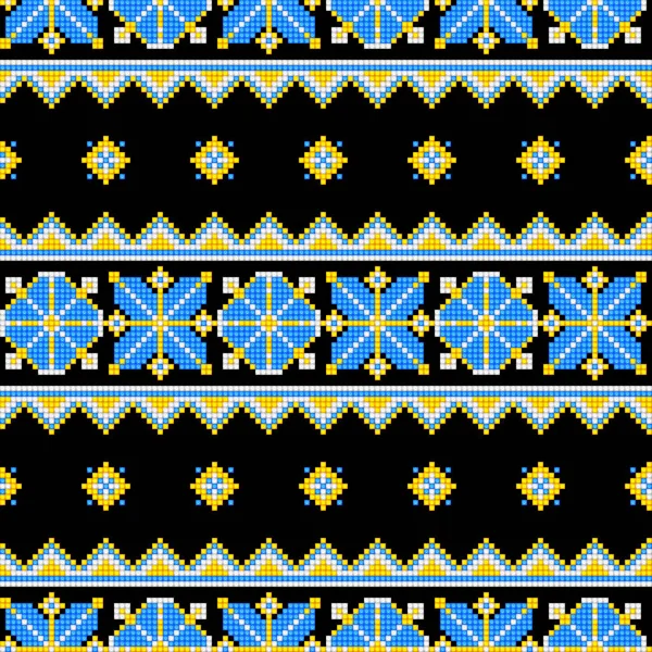 具有华丽元素的交叉贴片刺绣无缝隙图案 民族动机 手工造型艺术 乌克兰传统的黄色和蓝色刺绣 民族设计元素 矢量3D说明 — 图库矢量图片