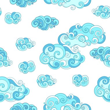 Peri masalı hava tahmini kusursuz desen. Bulutlu Gökyüzü ile Sonsuz Doku. Beyaz Arkaplanda Fantezi Çizgi Film Tasarımı. Vector Contour İllüstrasyonu. Soyut Sanat