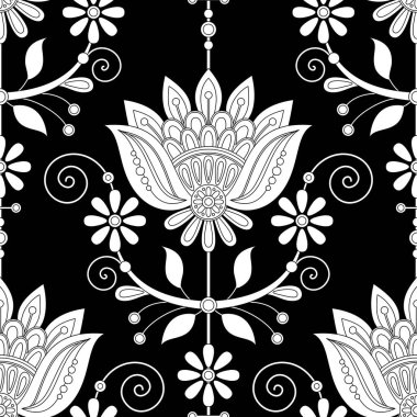 Seamless Pattern with Flower Inspired by Ukrainian Traditional Embroidery. Ethnic Floral Motif, Handmade Craft Art. Textile, Wrapping Paper, Wallpaper. Coloring Book. Vector Contour Illustration