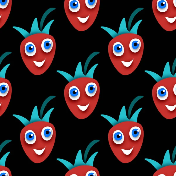 Seamless Pattern Cute Smilying Strawberry Surreal Design Black Pop Art — Stock Vector