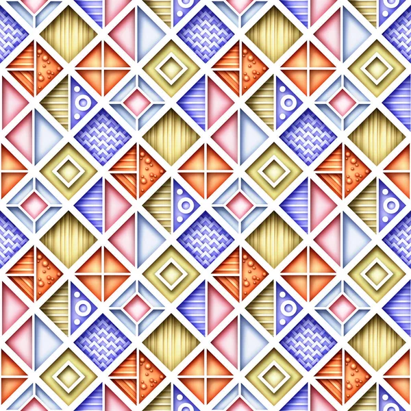 无缝线彩色几何图案 疯狂拼凑 精美的装饰品 无尽的现代马赛克纹理 采购产品织物纺织品 包装纸 矢量3D说明 抽象艺术 — 图库矢量图片