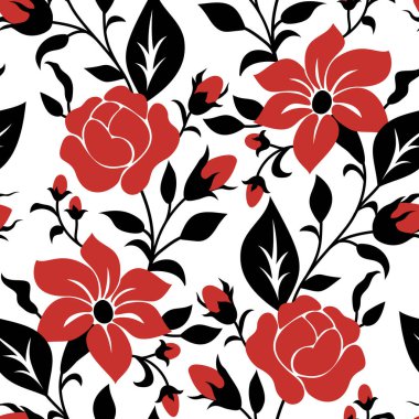 Kırmızı Gül ve Mallow desenli kusursuz desen Ukrayna 'nın geleneksel nakışından esinlenilmiştir. Etnik Çiçek Motifi, El Yapımı Sanatı. Kumaş tekstil, ambalaj kağıdı, duvar kağıdı. Vektör İllüstrasyonu