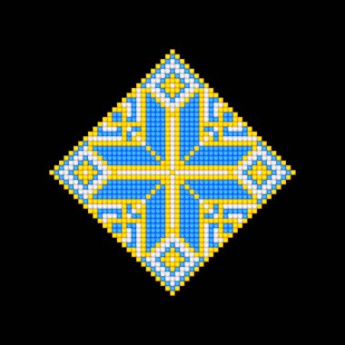 Realistic Cross-Stitch Embroideried Ornate Element. Ethnic Motif, Handmade Stylization. Traditional Ukrainian Yellow and Blue Embroidery. Ethnic Single Design Element. Vector 3d Illustration