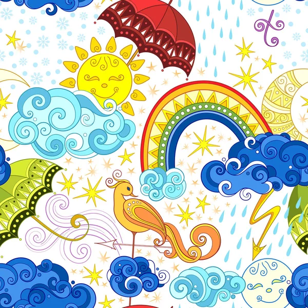 Fairytale Weather Forecast Seamless Pattern Endless Texture Sun Moon Rainbow — Stock Vector