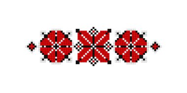 Gerçekçi çapraz dikiş nakışlı süsleme elementi. Etnik Motif, El Yapımı Biçimi. Geleneksel Ukrayna Kırmızı ve Kara Nakış. Etnik Sınır. Vektör 3d Görüntü