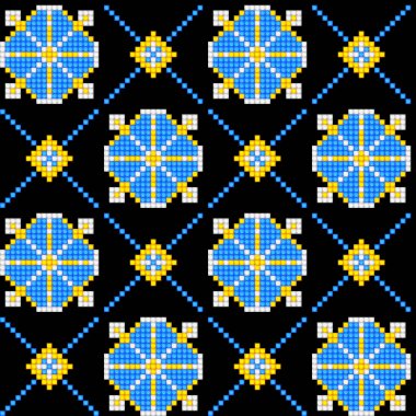 Cross-Stitch EmbroideriedSeamless Pattern with Ornate Element. Ethnic Motif, Handmade Stylization. Traditional Ukrainian Yellow and Blue Embroidery. Ethnic Design Element. Vector 3d Illustration