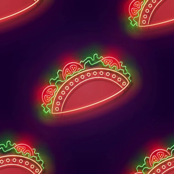トマトと輝くメキシコのタコスとシームレスなパターン 伝統的な民族料理前菜 ネオンライトテクスチャ 光沢のある背景 ベクトル3Dイラスト — ストックベクタ