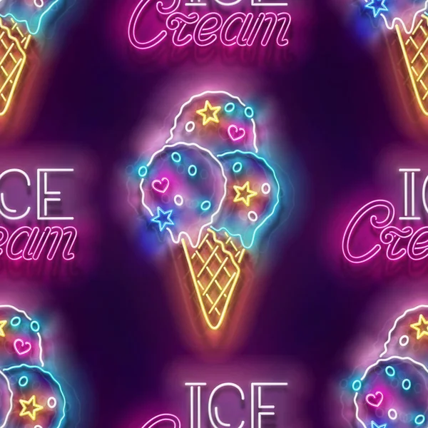 无缝线图案 在球果 糖果和铭文中 有发光的雪糕球 甜食概念 霓虹灯纹理 标志板 光滑的背景 矢量3D说明 — 图库矢量图片