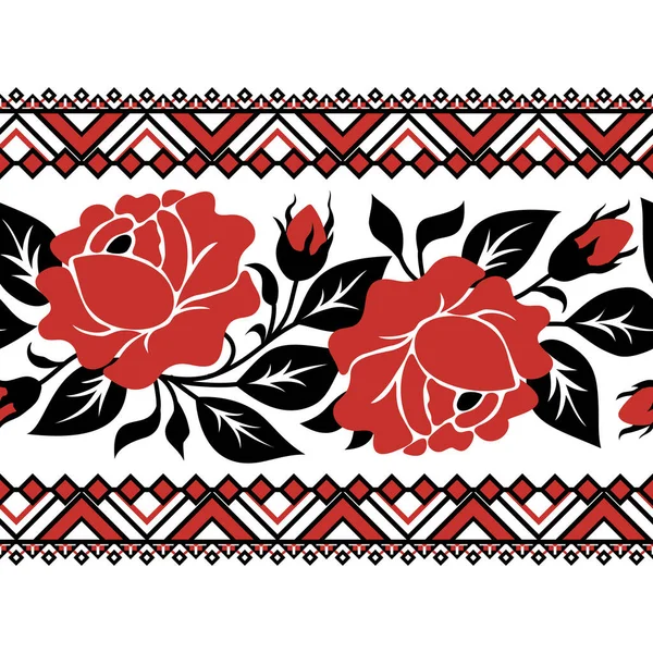 レッドローズとシームレスな境界は ウクライナの伝統的な刺繍に触発 エスニック フローラル モチーフ ハンドメイド クラフト アート 民族デザインの要素 ベクターイラスト — ストックベクタ