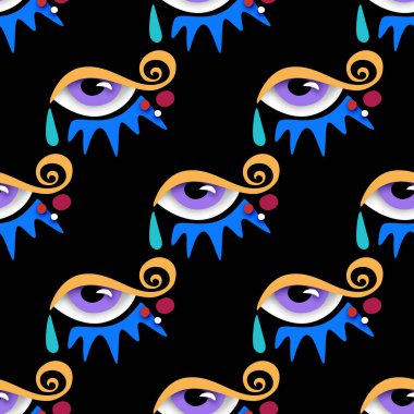 Psikodelik Yazılı Kusursuz Desen ve Gerçeküstü Göz. Siyahta Gerçeküstü Tasarım. Lekeli Pop Art Çizgi Film Tarzı. Sonsuz doku. Vektör 3d Görüntü