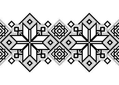 Seamless Border with Ornamental Composition Inspired by Ukrainian Traditional Embroidery. Ethnic Motif, Handmade Craft Art. Ethnic Design Element. Coloring Book Page. Vector Contour Illustration