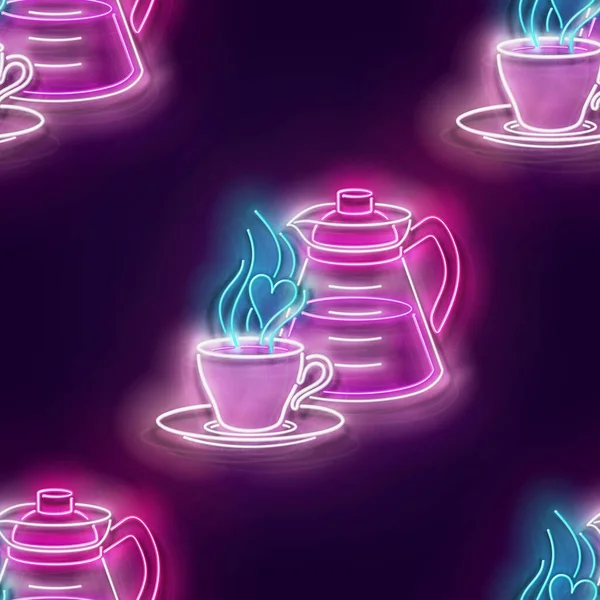 Nahtloses Muster Mit Leuchtenden Kaffeekanne Mit Tassen Cafe Etikett Morgengetränk — Stockvektor
