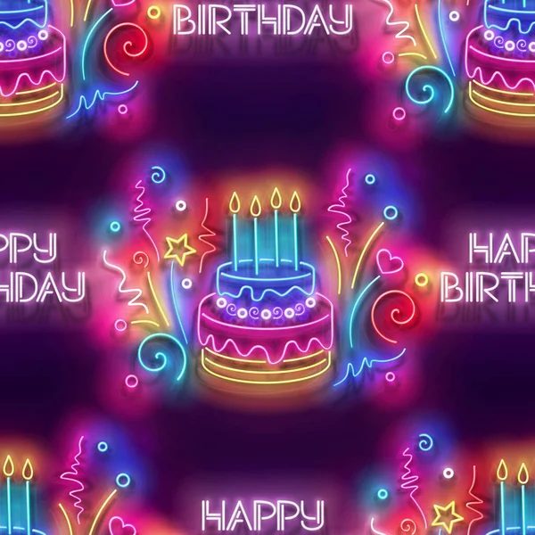 キャンドルやコンフェッティと碑文と輝きのホリデーケーキとシームレスなパターン 誕生日および休日のパーティー気分 ネオンライトテクスチャ 光沢のある背景 ベクトル3Dイラスト — ストックベクタ