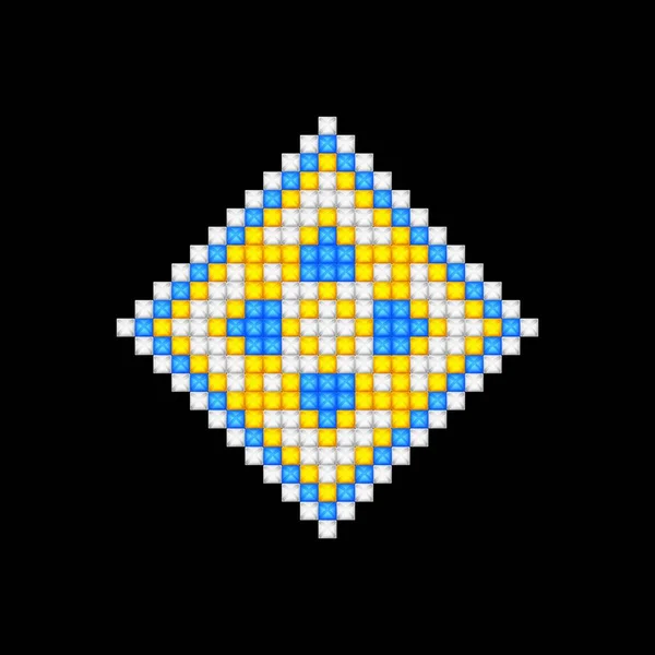 現実的なクロスステッチ刺繍されたOrnate要素 民族モチーフ 手作りスタイル 伝統的なウクライナの黄色と青の刺繍 民族的単一デザイン要素 ベクトル3Dイラスト — ストックベクタ