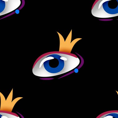 Psikodelik Yazılı Kusursuz Desen ve Gerçeküstü Göz. Prenses veya Kraliçe Konsepti. Siyahta Gerçeküstü Tasarım. Pop Art Çizgi Film Tarzı. Sonsuz doku. Vektör 3d Görüntü