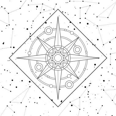 Ice Crystal Mechanical Stars on Cosmic Universe, Deco Element. Night Sky with Constellations, Nebulas, Comets, Stars, etc. Aesthetic Object. Vector Contour Illustration. Coloring Book Page