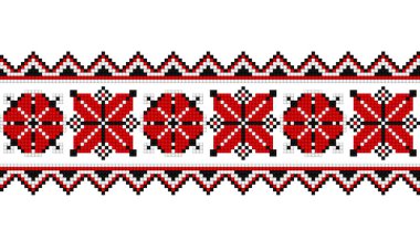 Cross-Stitch Embroideried Seamless Border with Ornate Element. Ethnic Motif, Handmade Stylization. Traditional Ukrainian Red and Black Embroidery. Ethnic Design Element. Vector 3d Illustration