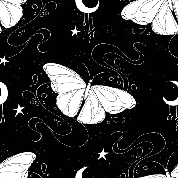Nahtloses Muster Mit Zart Verträumtem Schmetterling Auf Schwarzem Hintergrund Handgezeichnete — Stockvektor