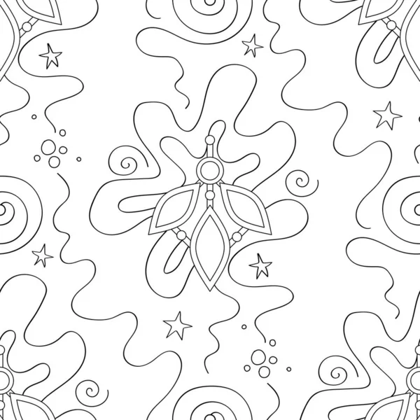 Seamless Aesthetic Pattern with Magical Crystals. Endless Modern Mosaic Texture. Futuristic Abstract Concept. Vector Contour Illustration. Coloring Book Page