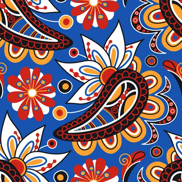 ペイズリー インディアン キュウリと民俗学的なシームレスなパターン 自然からインスピレーションを得たデザイン要素 オレンジ色の抽象花模様 ファブリック 壁紙などのためのエンドレステクスチャ ベクターイラスト — ストックベクタ