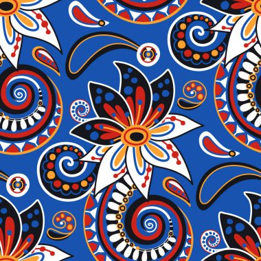 Paisley Çiçeği, Doğa İlham Veren Tasarım Elementi ile Folklorik Kusursuz Desen. Soyut Düzen 'i süsleyin. Kumaş, Duvar Kağıdı vb. için Sonsuz doku. Vektör İllüstrasyonu 
