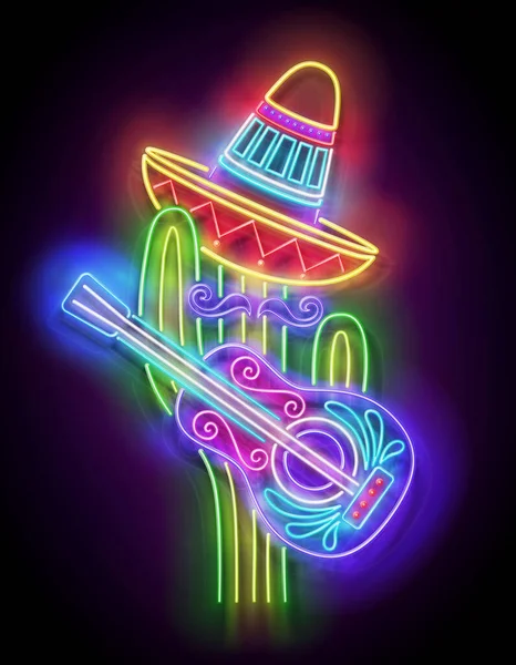 Glow Mexican Cactus Sombrero Guitar Cute Singer Mariachi Shiny Neon — Vetor de Stock