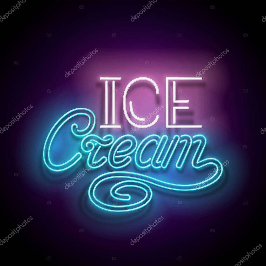 Vintage Glow Signboard with Ice Cream Inscription. Neon Retro Lettering.  Shiny Neon Light Poster, Banner, Playbill, Night Club Invitation. Glossy Background. Vector 3d Illustration