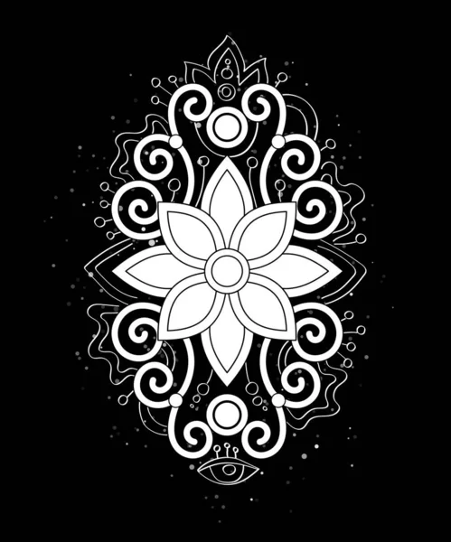 スクロールワーク付きの神秘的な花 ブラックのデコ要素 オリエンタルなスタイルの審美的なオブジェクト テクスチャ化されたファンタジー背景 ベクトル輪郭イラスト ぬりえブックページ — ストックベクタ