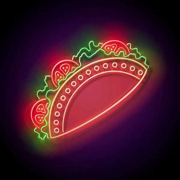 Ragyogó Mexikói Taco Paradicsommal Hagyományos Etnikai Étel Előétel Neon Light — Stock Vector