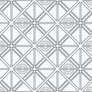 Damalı Defter 'e çizilmiş, Üçgenli Kusursuz Geometrik Desen. Sonsuz Modern Mozaik dokusu. Kumaş tekstil, ambalaj kağıdı, duvar kağıdı. Vector Contour İllüstrasyonu. Boyama Kitabı Sayfası