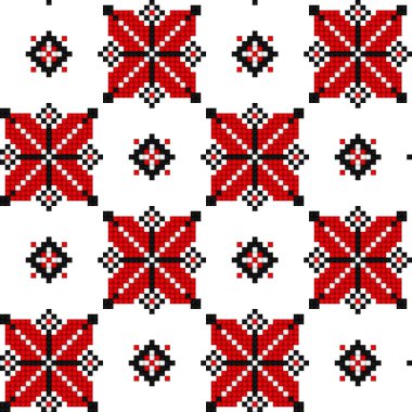 Cross-Stitch EmbroideriedSeamless Pattern with Ornate Element. Ethnic Motif, Handmade Stylization. Traditional Ukrainian Red and Black Embroidery. Ethnic Design Element. Vector 3d Illustration