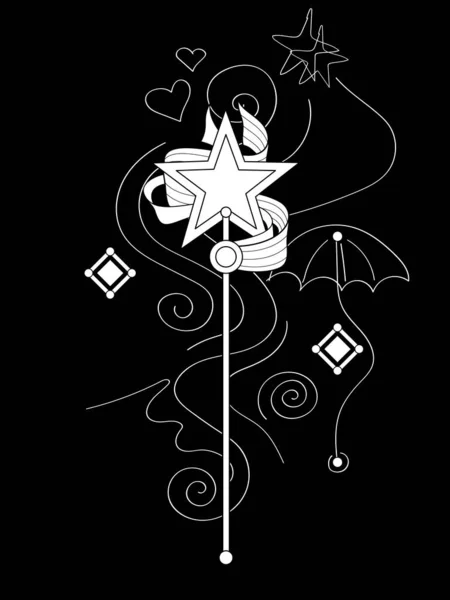可爱的魔法星杖 装饰元素 黑色上的审美对象 流行儿童印刷品 矢量并行图解 彩色书页 — 图库矢量图片