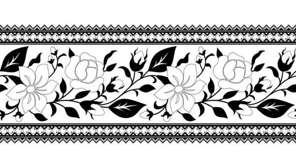 Seamless Border Rose Mallow Composition Inspired Ukrainian Traditional Embroidery Ethnic — Stock Vector