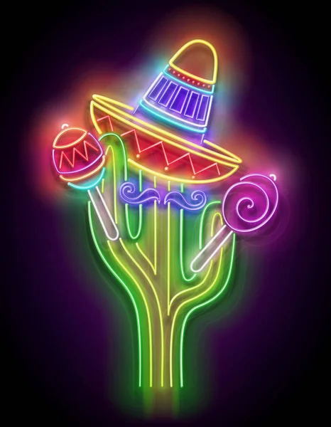 マロカとソムブレロでメキシコのサボテンを輝きます かわいい歌手のマリアーチ シャイニーネオンポスター フライヤー バナー ポストカード 招待状 光沢のある背景 ベクトル3Dイラスト — ストックベクタ