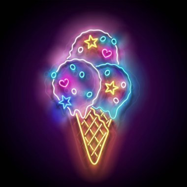 Koni ve Şekerleme 'de Dondurma Toplu Klasik Parlak İmza Panosu. Cafe Flyer Şablonu. Shiny Neon Light Poster, Banner, Playbill, Night Club Davetiyesi. Parlak Arkaplan. Vektör 3d Görüntü