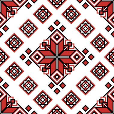 Ukrayna 'nın geleneksel nakışından esinlenerek süslenilmiş kusursuz bir desen. Etnik Motif, El Yapımı Sanatı. Etnik Tasarım Elementi. Vektör İllüstrasyonu