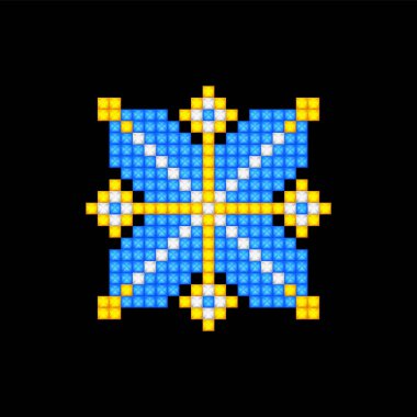 Realistic Cross-Stitch Embroideried Ornate Element. Ethnic Motif, Handmade Stylization. Traditional Ukrainian Yellow and Blue Embroidery. Ethnic Single Design Element. Vector 3d Illustration