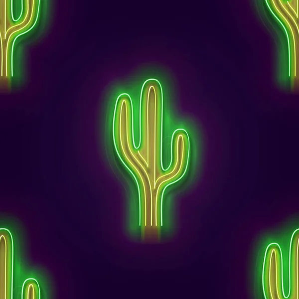 Seamless Pattern Glow Mexican Cactus Desert Plant Neon Light Texture — Stock Vector