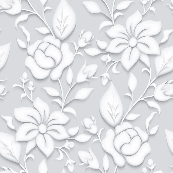 在Stucco的启发下 形成了白玫瑰和麦洛的复古无缝图案 Vintge Floral Motif 手工工艺 现实的3D模仿 无尽的质感矢量3D说明 — 图库矢量图片