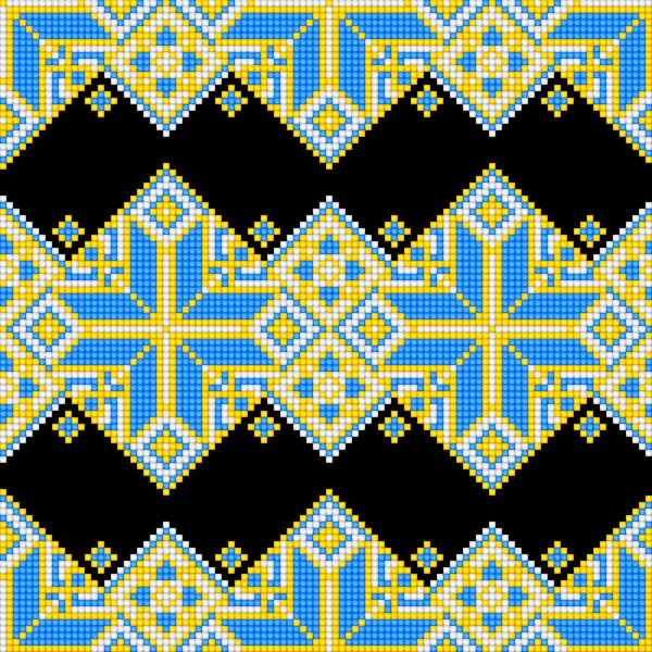 オレンジ色の要素を持つクロスステッチ刺繍シームレスパターン 民族モチーフ 手作りスタイル 伝統的なウクライナの黄色と青の刺繍 民族デザインの要素 ベクトル3Dイラスト — ストックベクタ